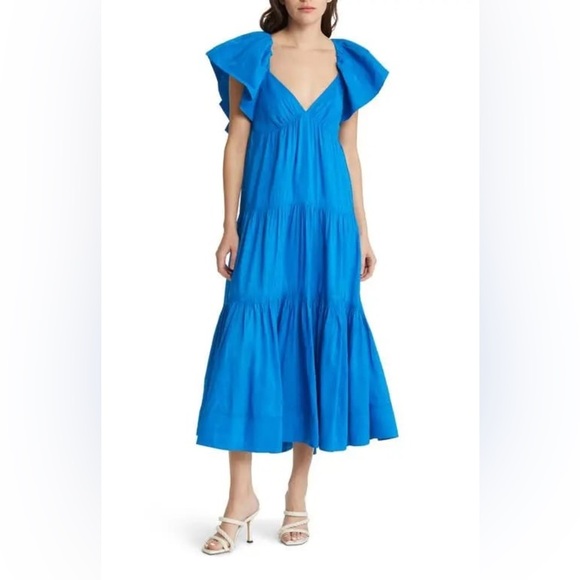 La Ligne Ruffle Shoulder Open Back Linen Blend Midi Dress - Ultramarine L B186 - Picture 1 of 4